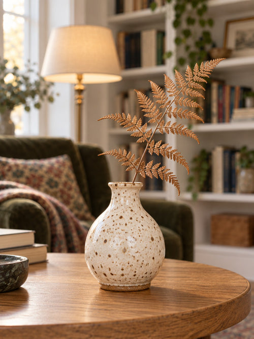 Fern Speckled Stoneware Bud Vase - back view