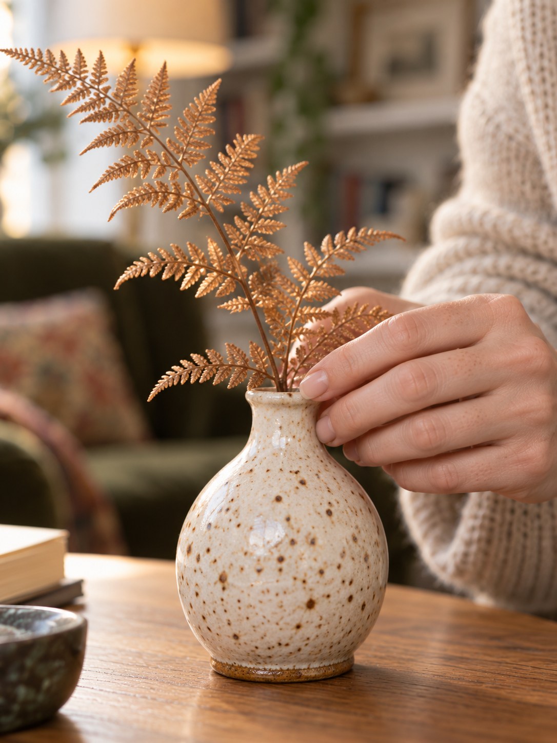 Fern Speckled Stoneware Bud Vase - close-up detail