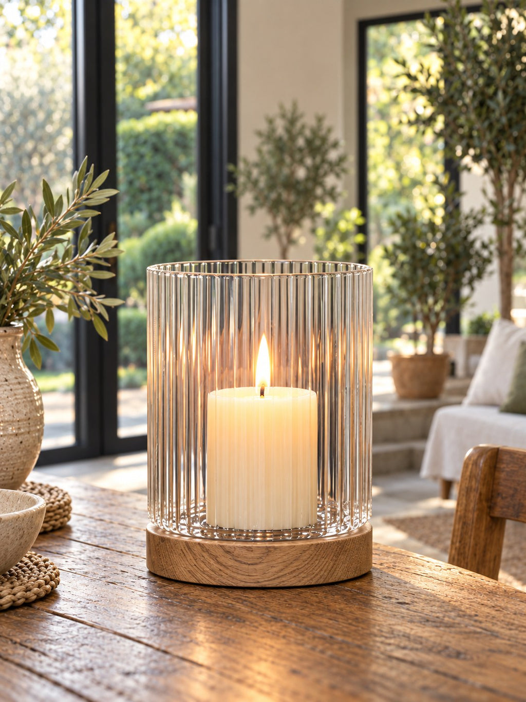 Halo Fluted Glass Hurricane Lantern - back view