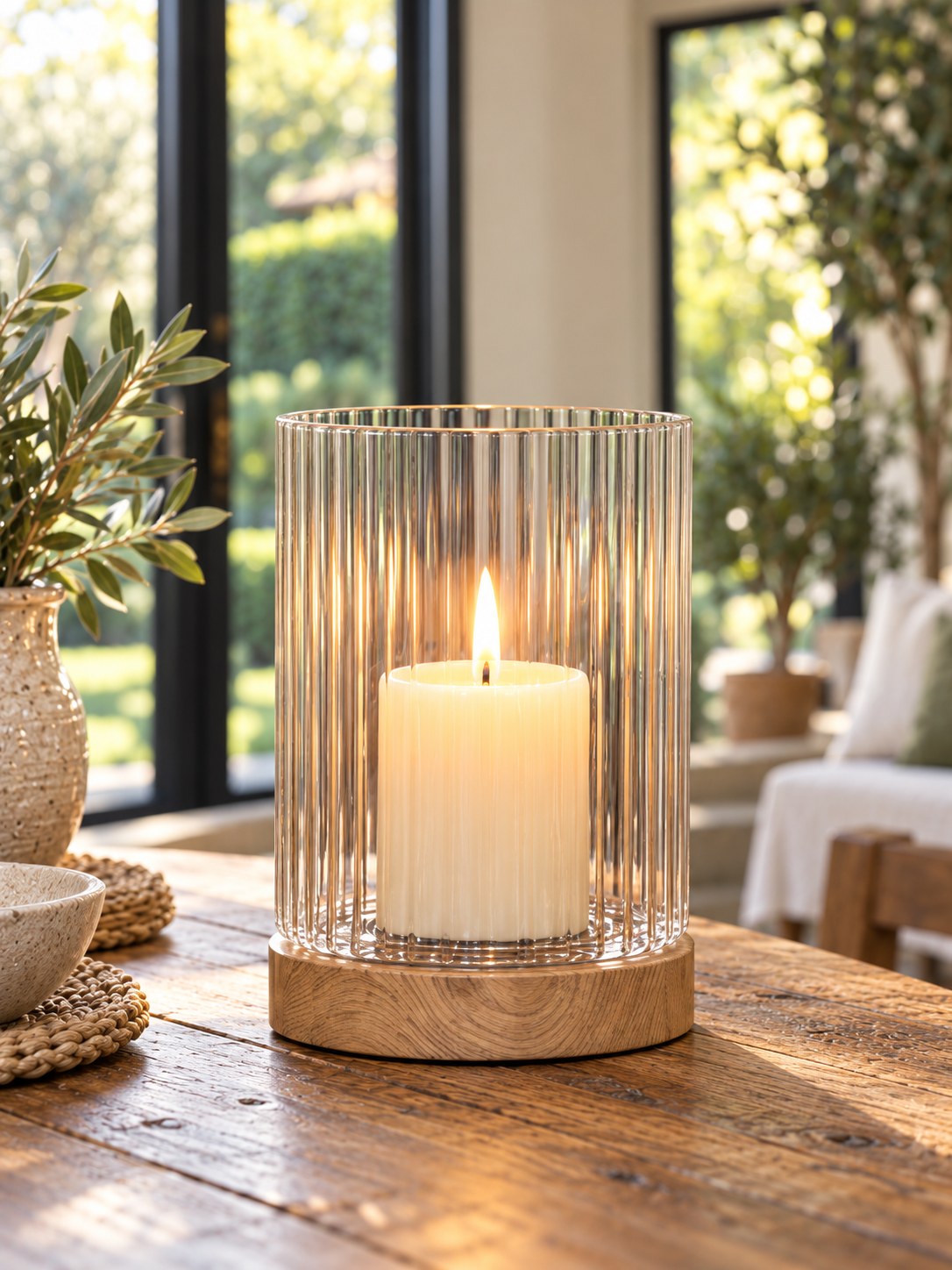 Halo Fluted Glass Hurricane Lantern - front view