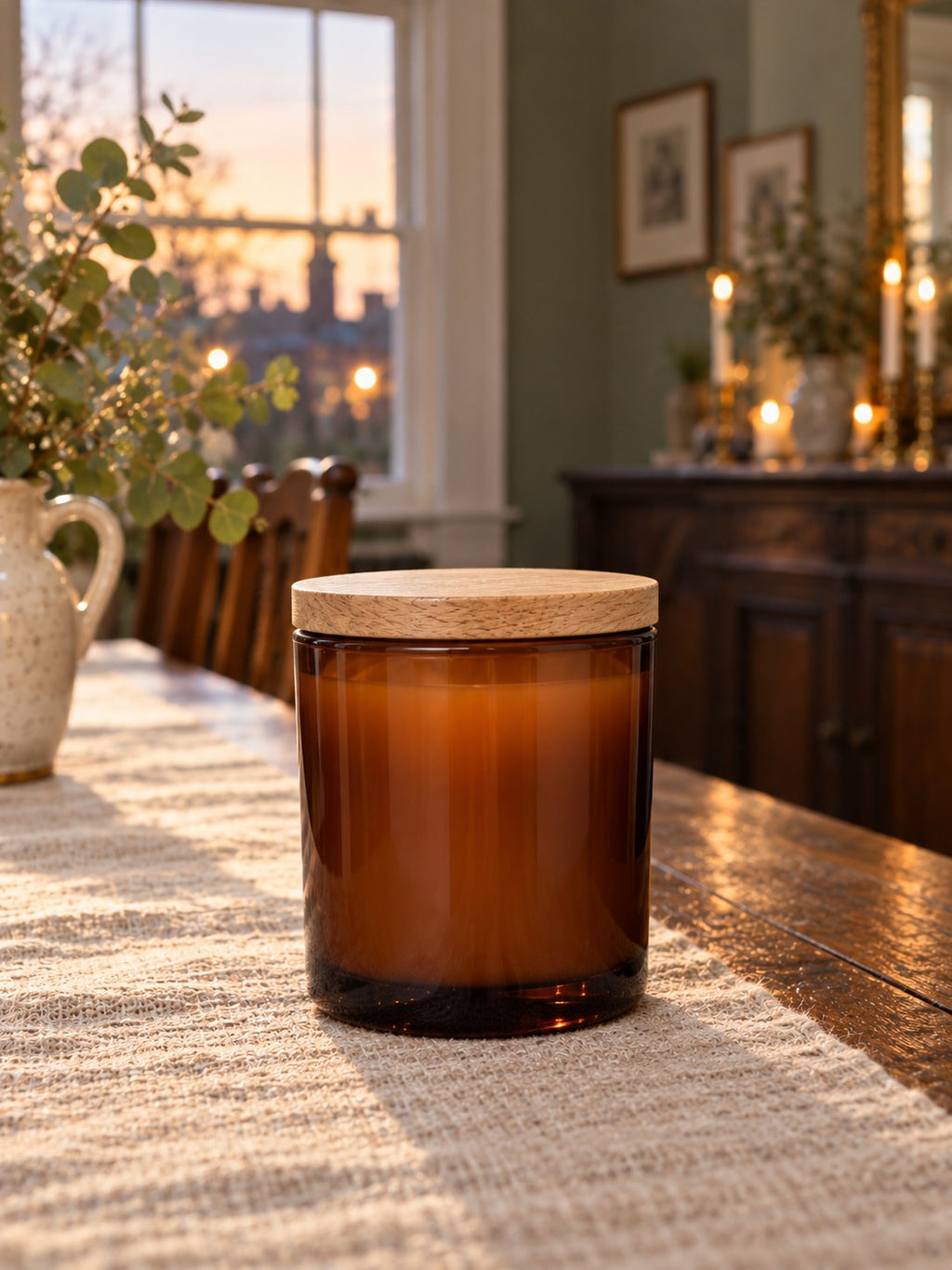 Hearth Amber Glass Soy Candle - Fig & Cedarwood - back view