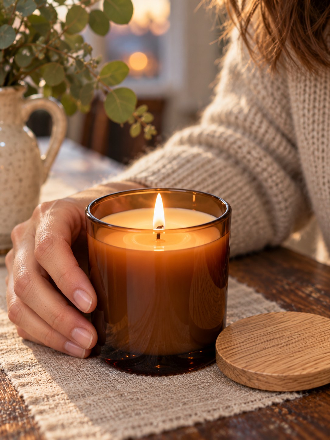 Hearth Amber Glass Soy Candle - Fig & Cedarwood - close-up detail