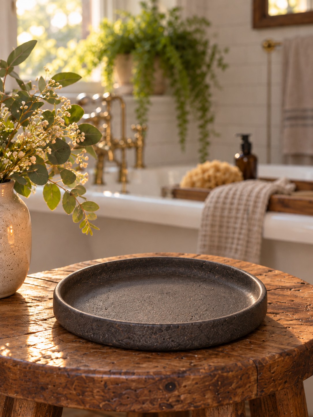 Pebble Stoneware Candle Plate - Charcoal - back view