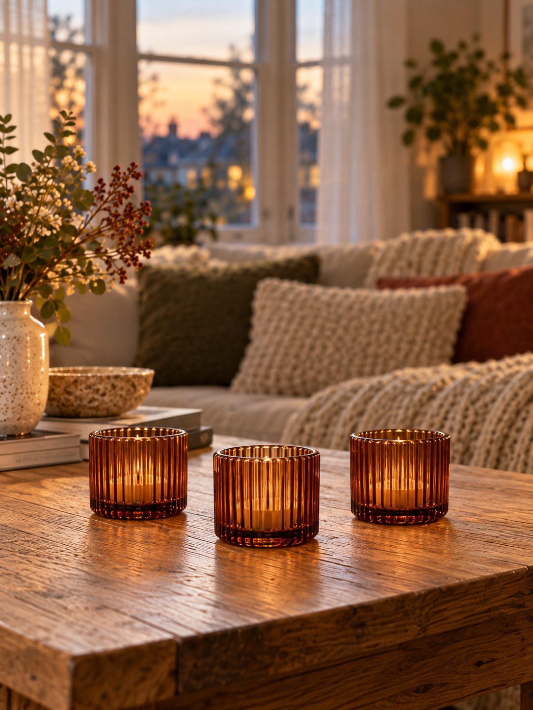 Ribbed Glass Tealight Holders - Set of 3, Amber - back view