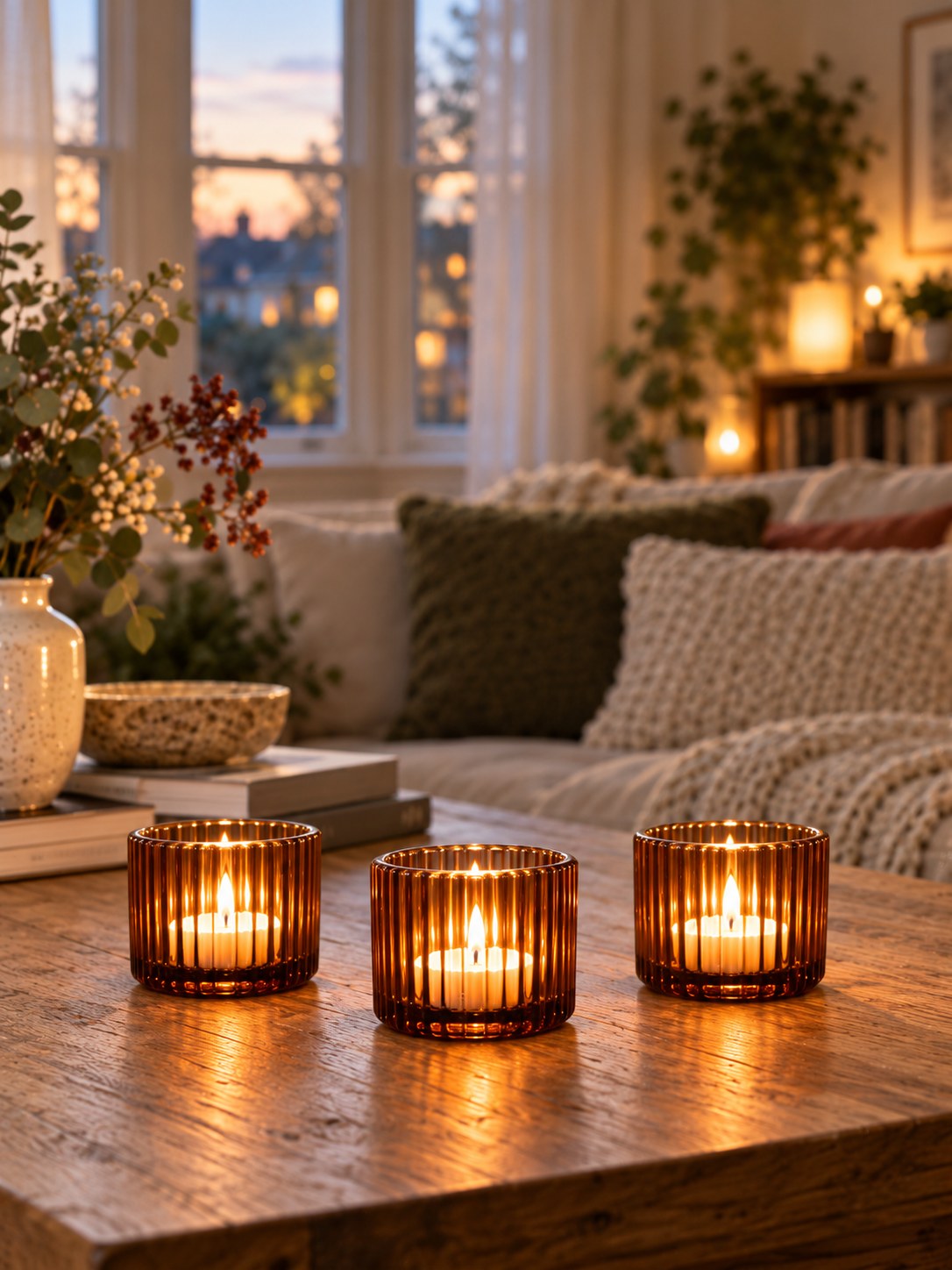 Ribbed Glass Tealight Holders - Set of 3, Amber - front view