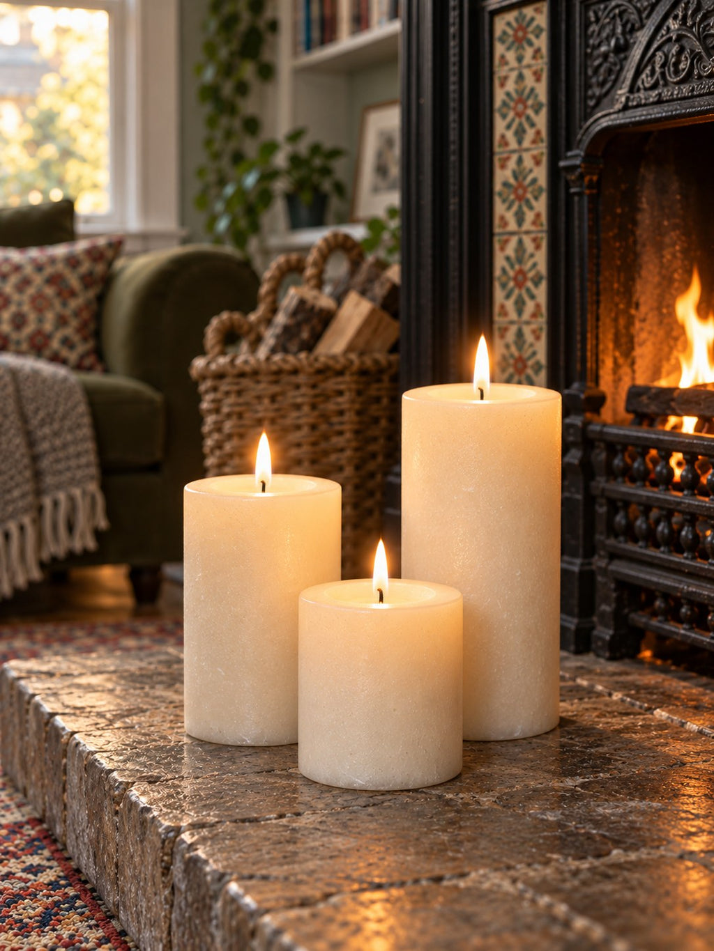 Ridge Pillar Candle Trio - Unscented Ivory - back view